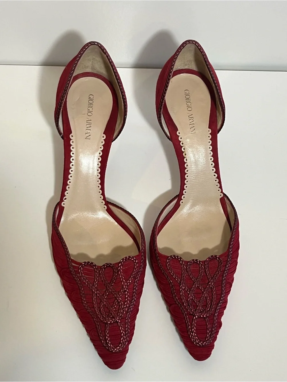 Giorgio Armani Red Suede Pointed Toe Heels Intricate Braided Detail US Size 9.5